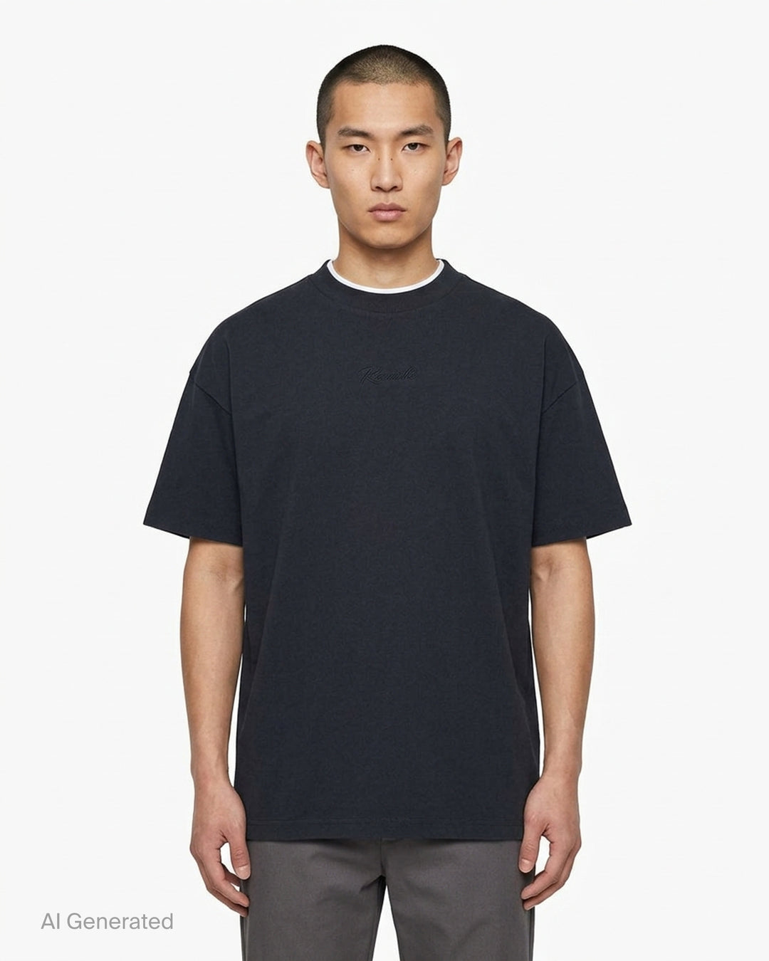 Fear of God ESSENTIALS Classic Double Layer Tee in black with white undertee at the neckline and hem and tonal embroidered logo at the chest - front