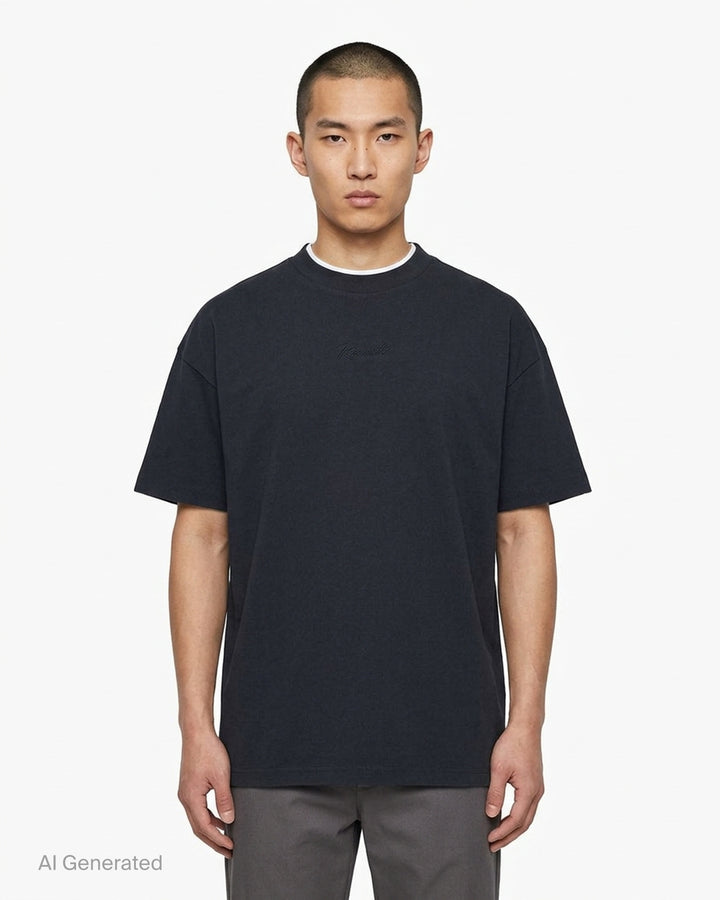 Fear of God ESSENTIALS Classic Double Layer Tee in black with white undertee at the neckline and hem and tonal embroidered logo at the chest - front