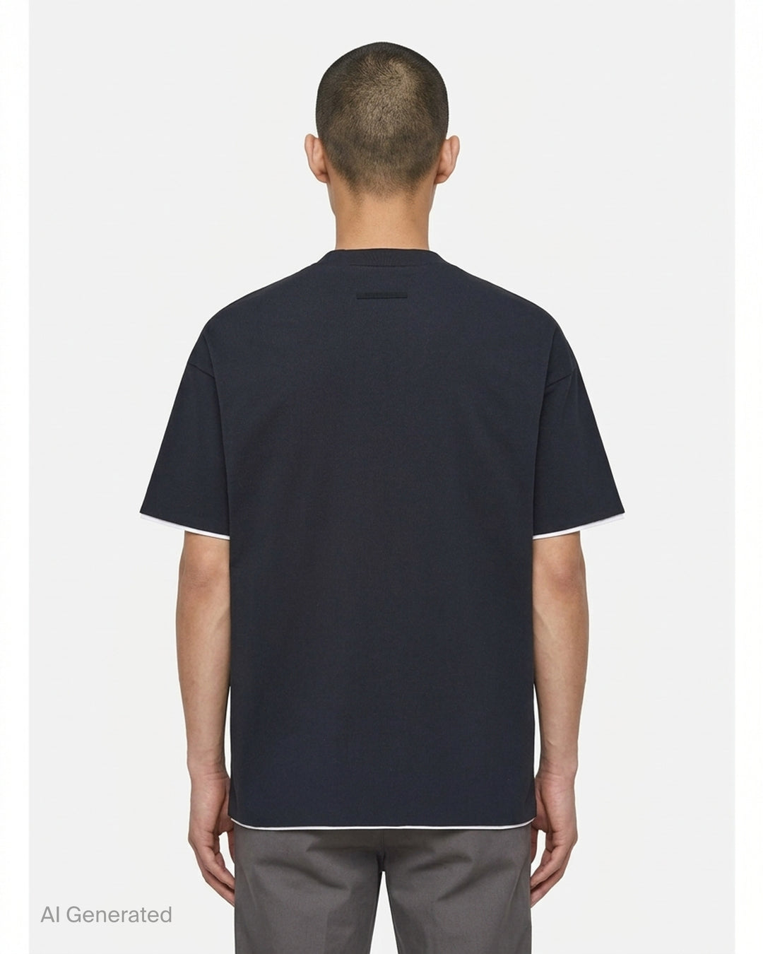 Fear of God ESSENTIALS Classic Double Layer Tee in black with white undertee at the neckline and hem and tonal embroidered logo at the chest - back