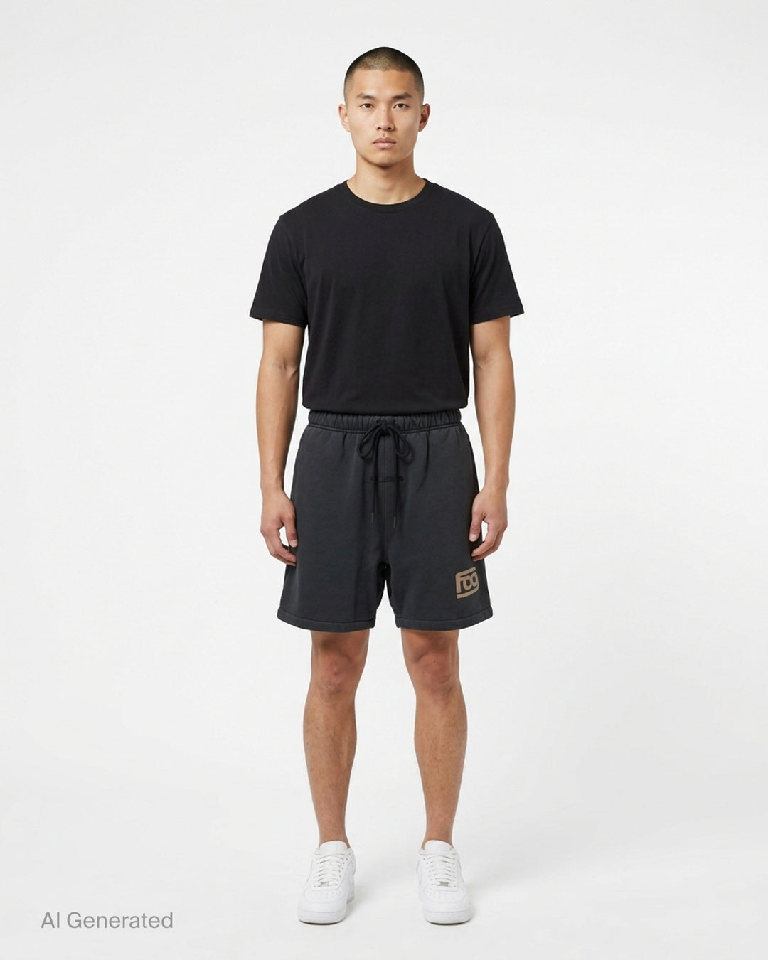 Fear of God Essentials washed black fleece shorts with drawstring waist and beige 'fog' logo print at the hem - front