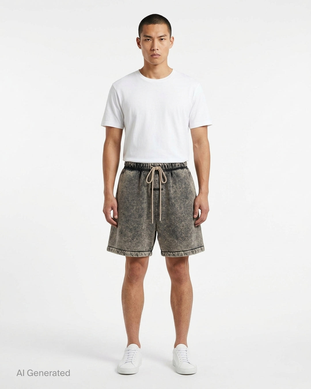 Fear of God Essentials Classic Shorts in a mineral-washed grey finish with beige drawstring waist and rubberised front tab - front