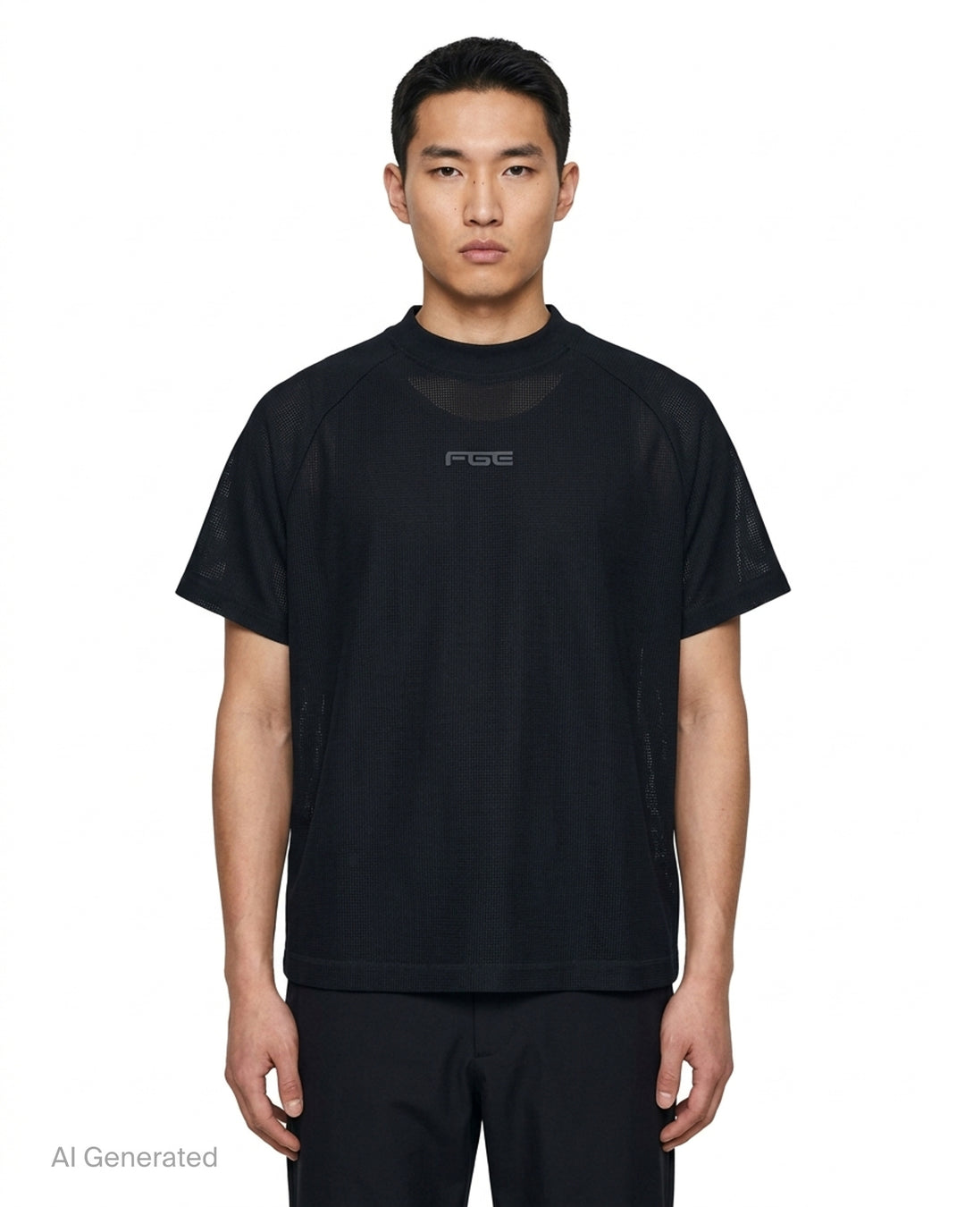 Fear of God Essentials Essential Raglan Tee in black with tonal FGE logo on the chest and ribbed crewneck, shown flat from the front - front