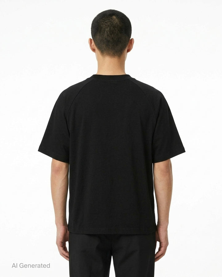 Fear of God Essentials Essential Raglan Tee in black with tonal FGE logo on the chest and ribbed crewneck, shown flat from the front - back