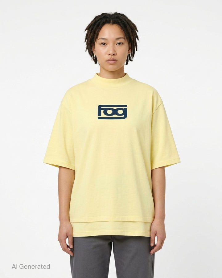 Fear of God ESSENTIALS Panelled Modern Tee in deep teal with a yellow logo graphic at the chest, shown from the front - front
