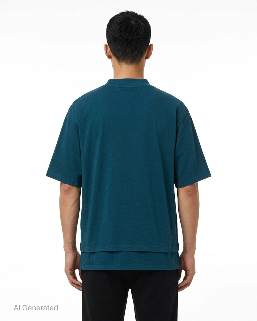 Fear of God ESSENTIALS Panelled Modern Tee in deep teal with a yellow logo graphic at the chest, shown from the front - back