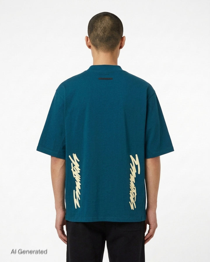 Fear of God ESSENTIALS Panelled Modern Tee in deep teal with a yellow logo graphic at the chest, shown from the front - back