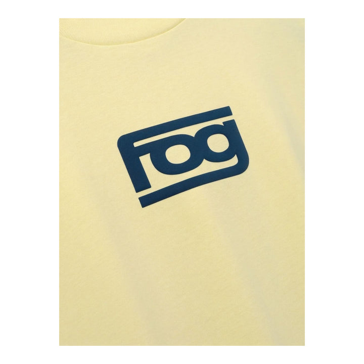 Fear of God ESSENTIALS Panelled Modern Tee in deep teal with a yellow logo graphic at the chest, shown from the front - packshot
