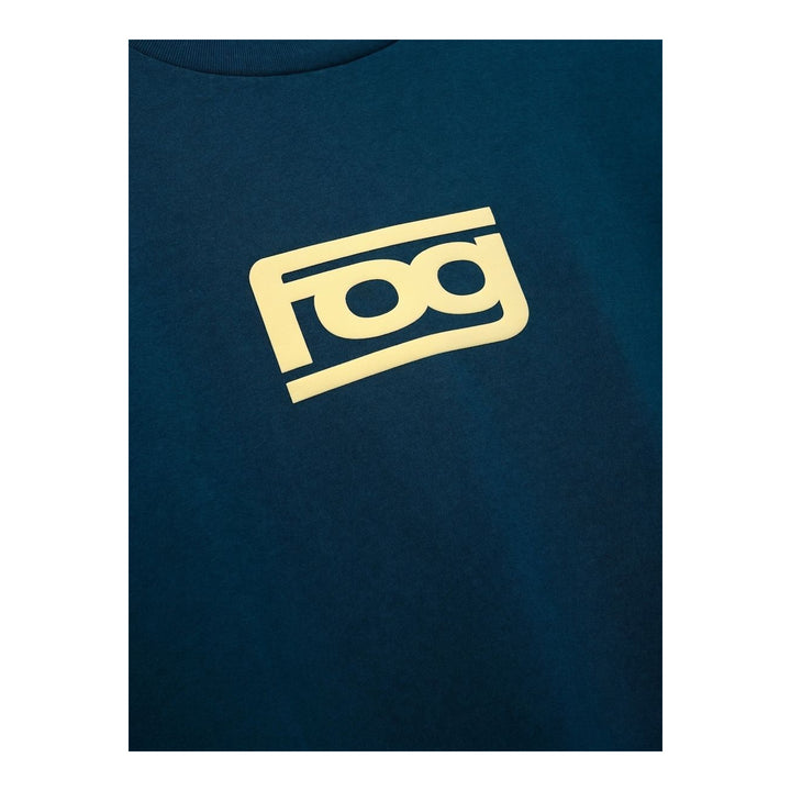 Fear of God ESSENTIALS Panelled Modern Tee in deep teal with a yellow logo graphic at the chest, shown from the front - packshot