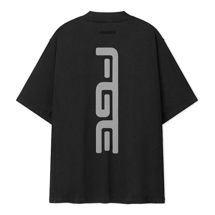 Fear of God Essentials Racing Panelled Modern Tee in black with a mock neck, oversized short sleeves, tiered hem and grey "Fear of God Racing" graphic on the chest - packshot