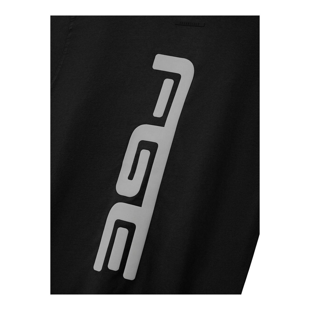 Fear of God Essentials Racing Panelled Modern Tee in black with a mock neck, oversized short sleeves, tiered hem and grey "Fear of God Racing" graphic on the chest - packshot