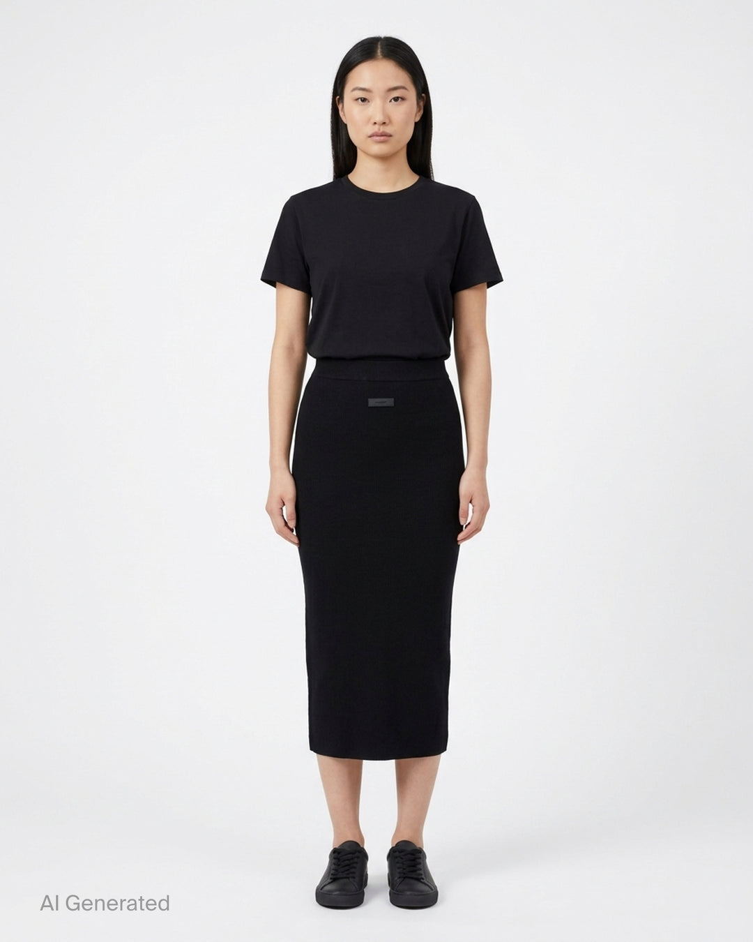 Fear of God Essentials black rib knit long midi skirt with wide elasticated waistband and tonal rubber logo tab, flat lay on white background - front