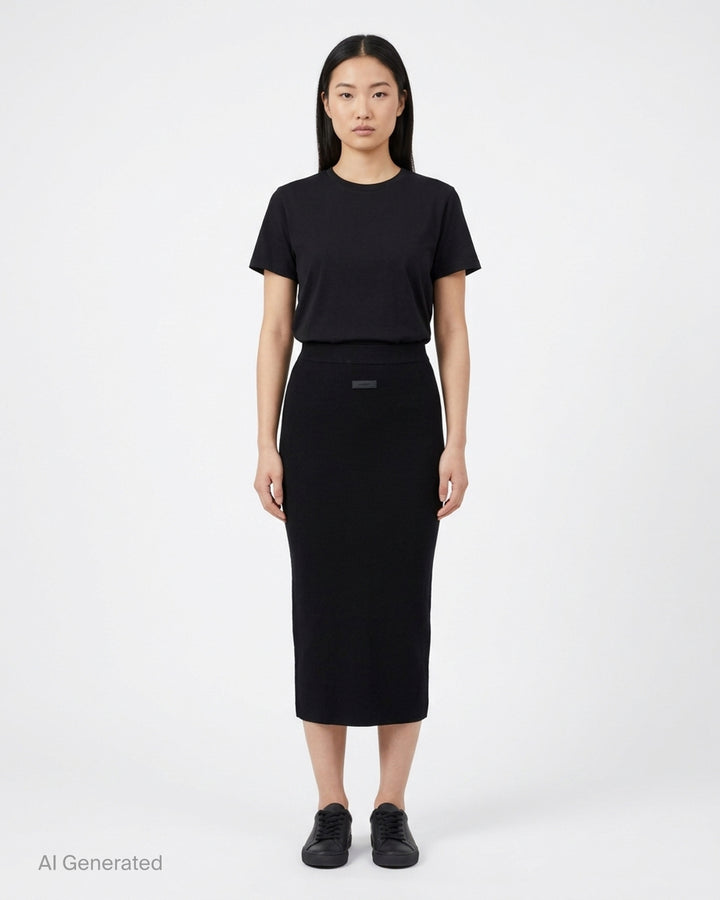 Fear of God Essentials black rib knit long midi skirt with wide elasticated waistband and tonal rubber logo tab, flat lay on white background - front