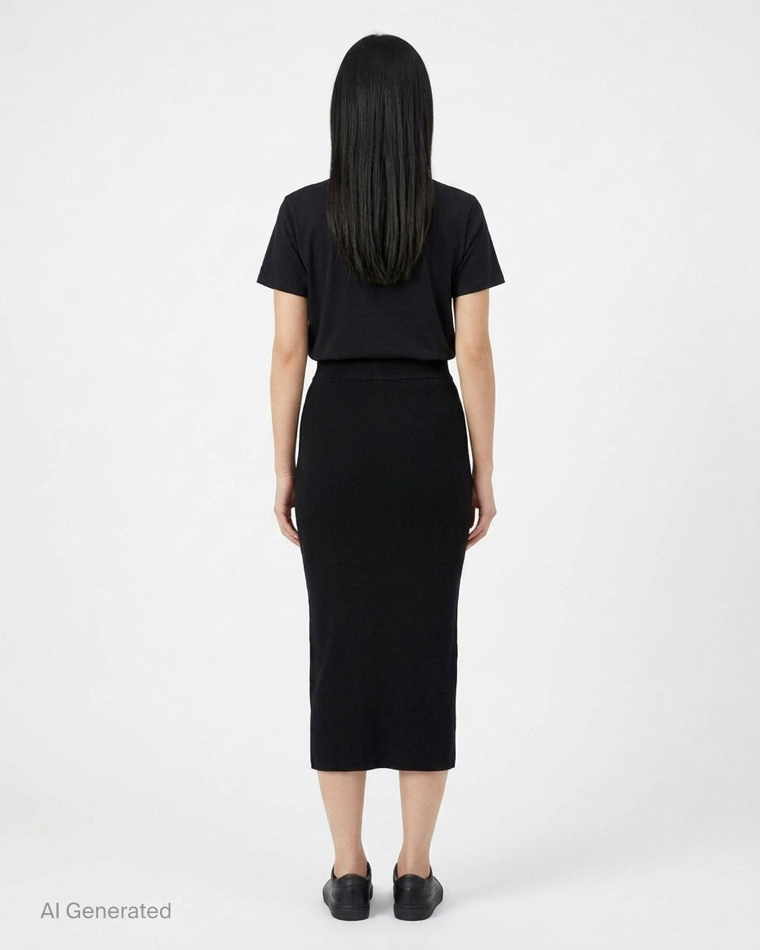 Fear of God Essentials black rib knit long midi skirt with wide elasticated waistband and tonal rubber logo tab, flat lay on white background - back