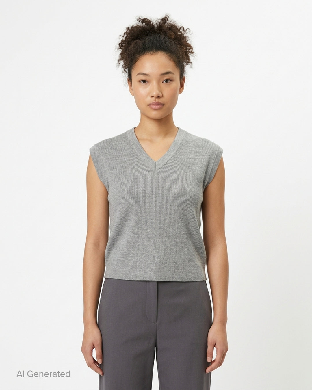 Fear of God Essentials women's heather grey fine rib-knit sleeveless cropped top with a V-neckline and structured shoulders, displayed flat on a white background - front