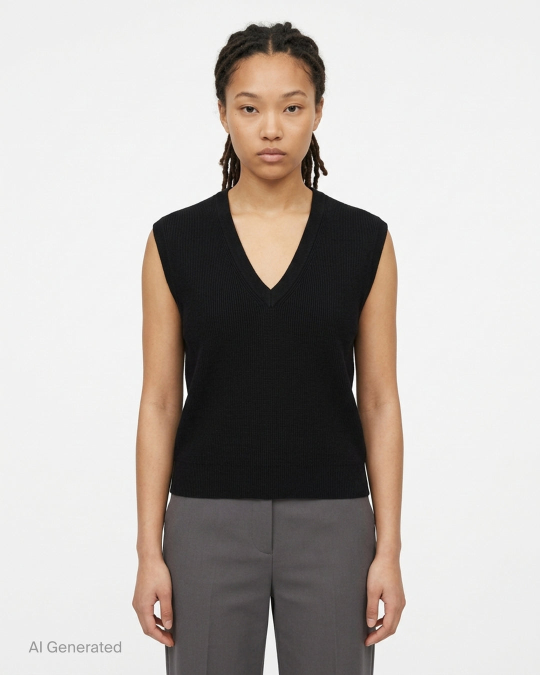Fear of God Essentials women's heather grey fine rib-knit sleeveless cropped top with a V-neckline and structured shoulders, displayed flat on a white background - front