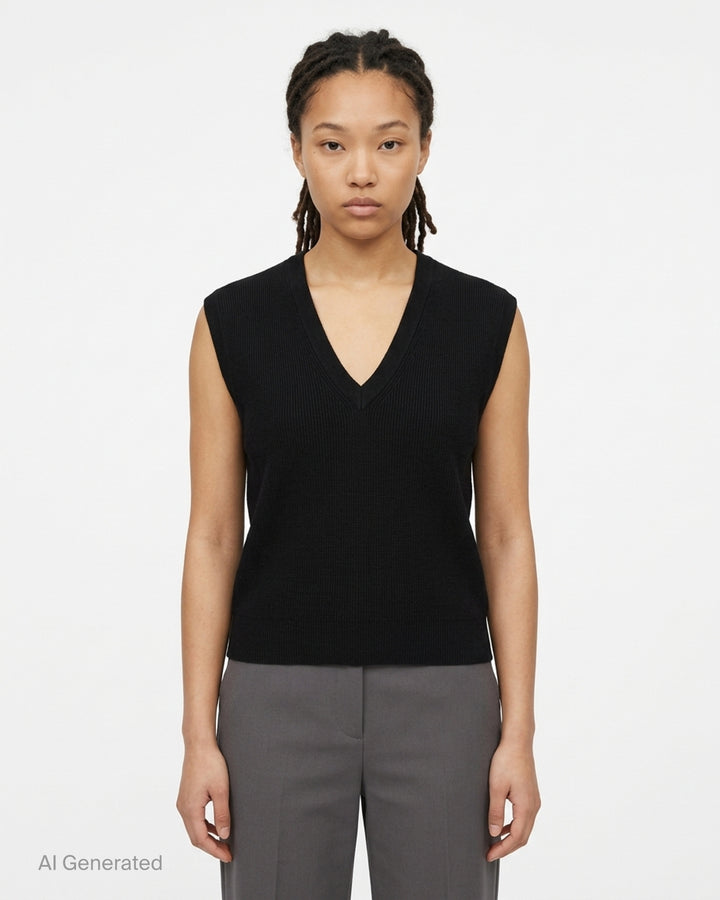 Fear of God Essentials women's heather grey fine rib-knit sleeveless cropped top with a V-neckline and structured shoulders, displayed flat on a white background - front