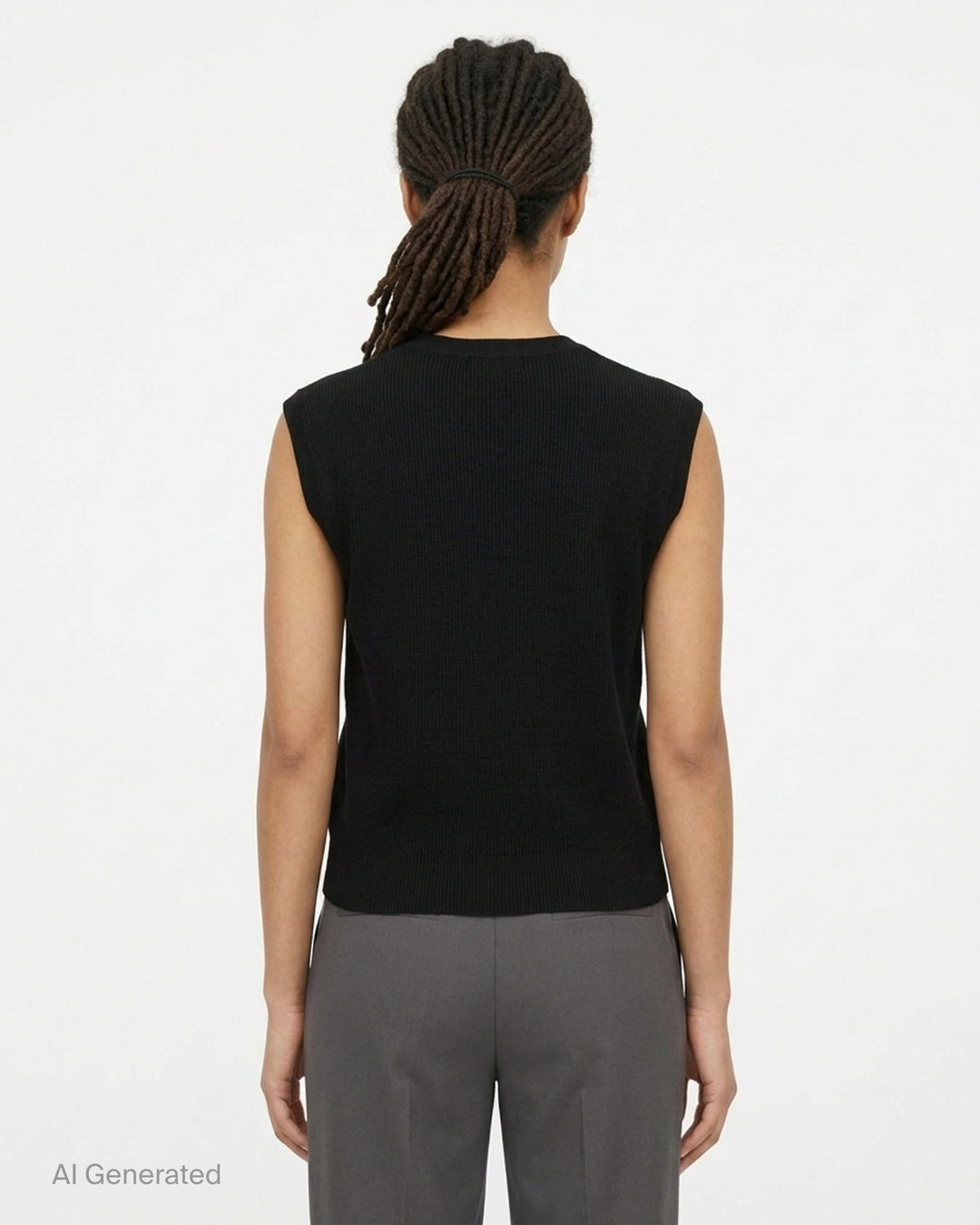 Fear of God Essentials women's heather grey fine rib-knit sleeveless cropped top with a V-neckline and structured shoulders, displayed flat on a white background - back