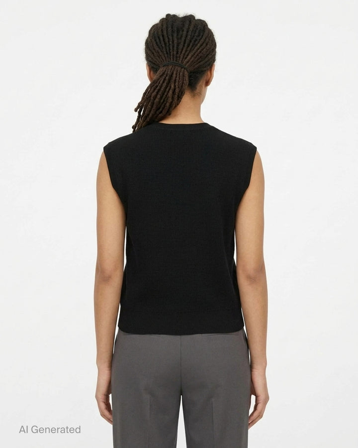 Fear of God Essentials women's heather grey fine rib-knit sleeveless cropped top with a V-neckline and structured shoulders, displayed flat on a white background - back