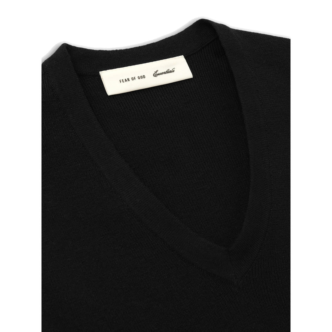 Fear of God Essentials women's heather grey fine rib-knit sleeveless cropped top with a V-neckline and structured shoulders, displayed flat on a white background - packshot