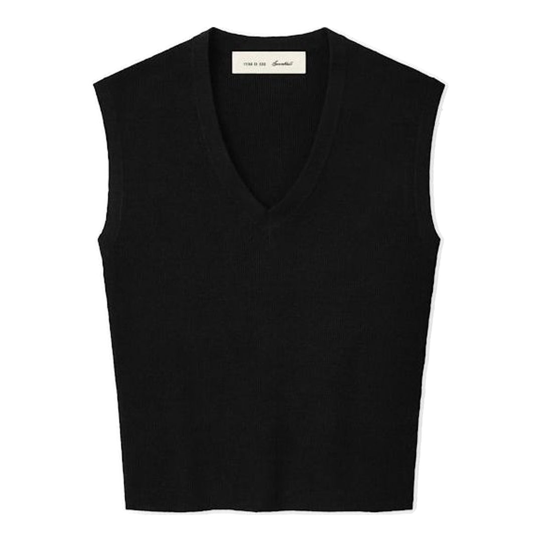 Fear of God Essentials women's heather grey fine rib-knit sleeveless cropped top with a V-neckline and structured shoulders, displayed flat on a white background - packshot