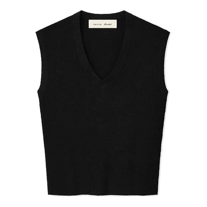 Fear of God Essentials women's heather grey fine rib-knit sleeveless cropped top with a V-neckline and structured shoulders, displayed flat on a white background - packshot
