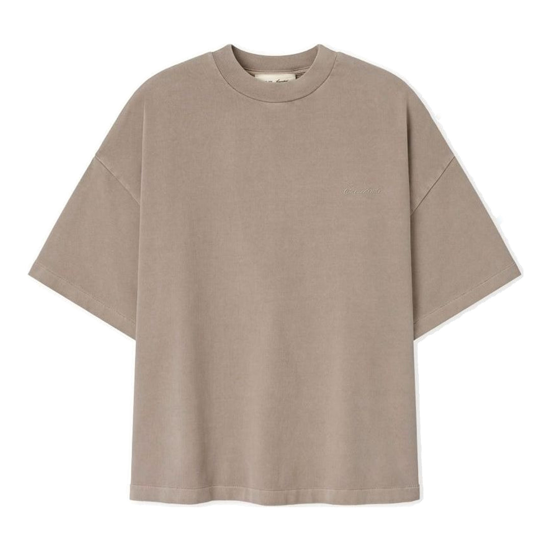 Fear of God Essentials Signature 90's Short Sleeve Tee in washed charcoal with oversized boxy fit and tonal embroidered script logo on the chest - packshot