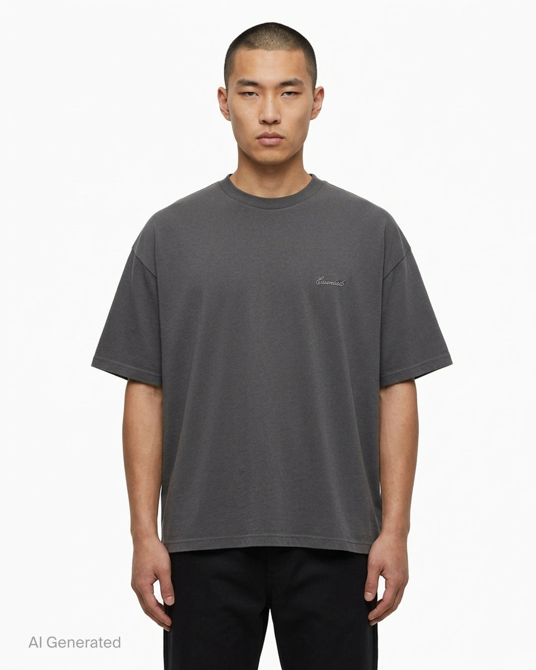 Fear of God Essentials Signature Short Sleeve Tee in washed grey, featuring an oversized boxy silhouette, ribbed crewneck, and tonal script logo at the chest - front