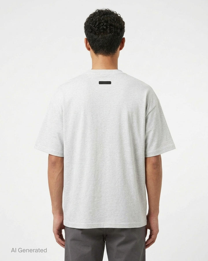 Fear of God Essentials Signature Short Sleeve Tee in washed grey, featuring an oversized boxy silhouette, ribbed crewneck, and tonal script logo at the chest - back