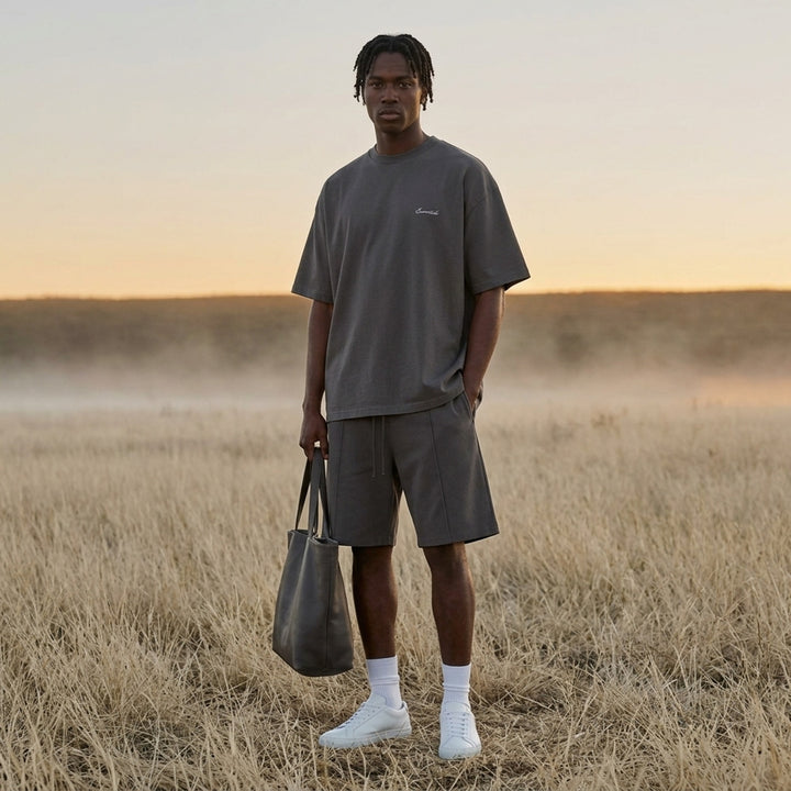 Fear of God Essentials Signature Short Sleeve Tee in washed grey, featuring an oversized boxy silhouette, ribbed crewneck, and tonal script logo at the chest - lifestyle