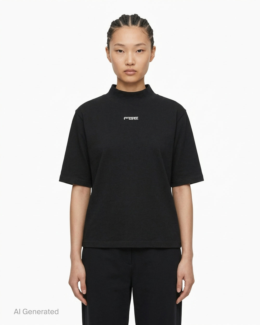 Fear of God ESSENTIALS women's slim mockneck tee in black with ribbed high neck, short sleeves and small white logo at the centre chest - front