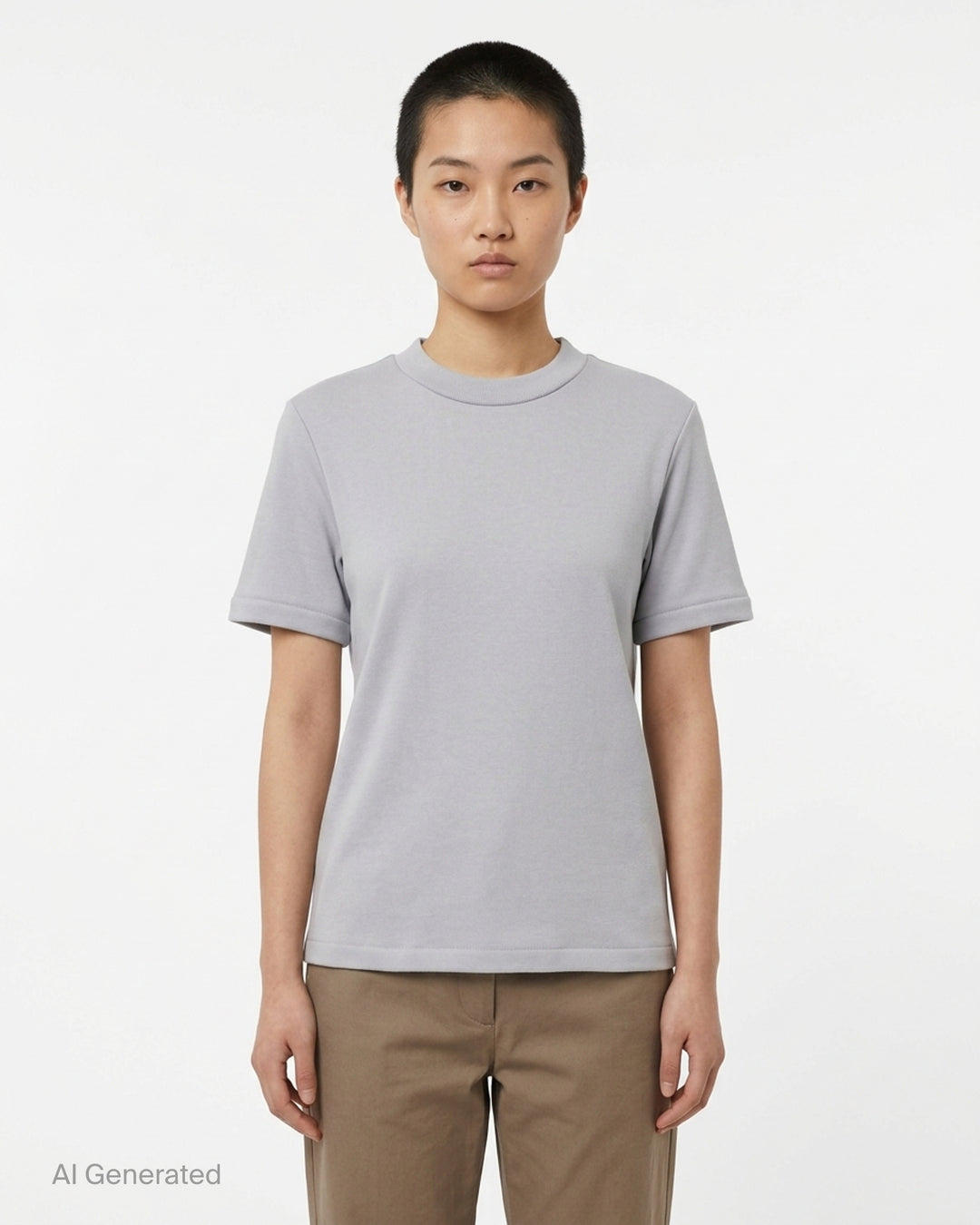 Fear of God Essentials women's tight tee in heathered taupe-grey with mock neckline and short sleeves, shown flat against a white background - front