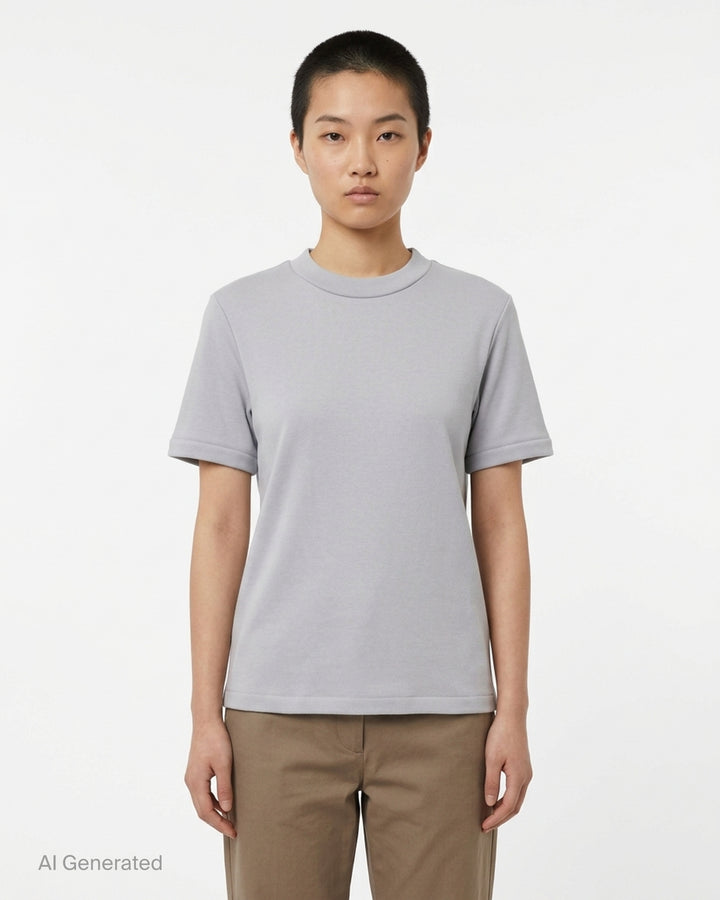Fear of God Essentials women's tight tee in heathered taupe-grey with mock neckline and short sleeves, shown flat against a white background - front
