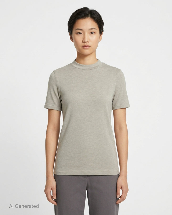 Fear of God Essentials women's tight tee in heathered taupe-grey with mock neckline and short sleeves, shown flat against a white background - front