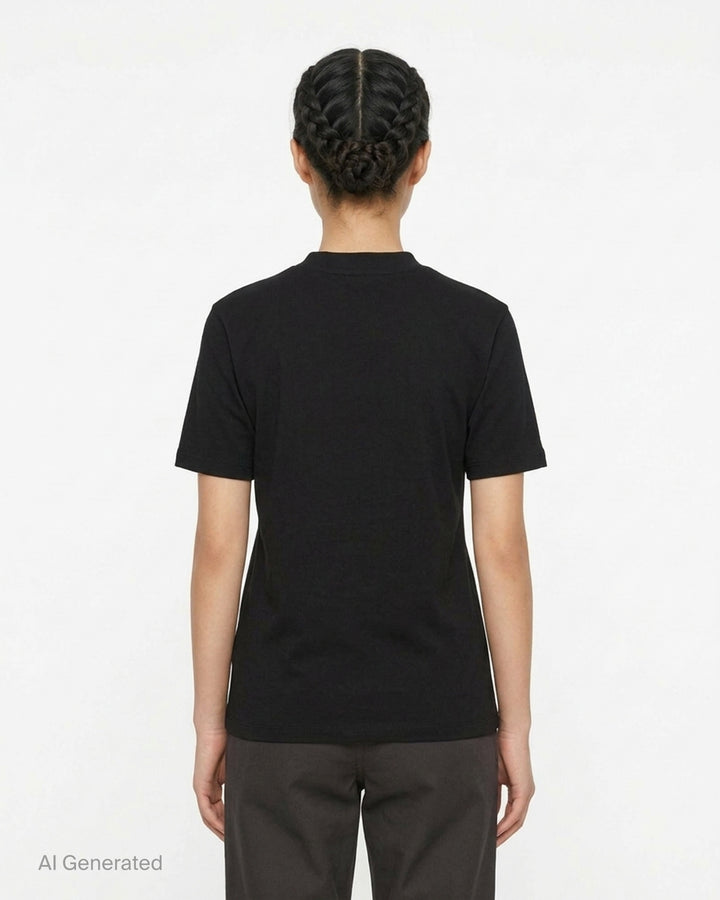 Fear of God Essentials women's tight tee in heathered taupe-grey with mock neckline and short sleeves, shown flat against a white background - back