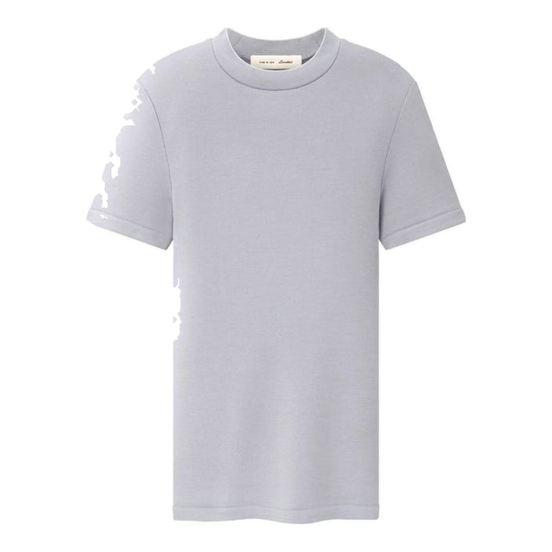 Fear of God Essentials women's tight tee in heathered taupe-grey with mock neckline and short sleeves, shown flat against a white background - packshot