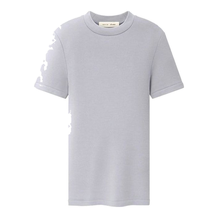 Fear of God Essentials women's tight tee in heathered taupe-grey with mock neckline and short sleeves, shown flat against a white background - packshot