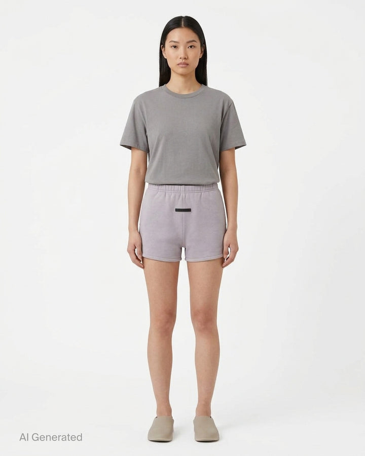 Fear of God ESSENTIALS women's black jersey shorts with elasticated waistband and tonal rubberised ESSENTIALS logo plaque - front