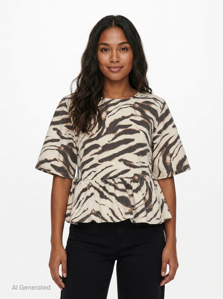 Animal Print Denim Flounce Top | Ganni | Club21 - front