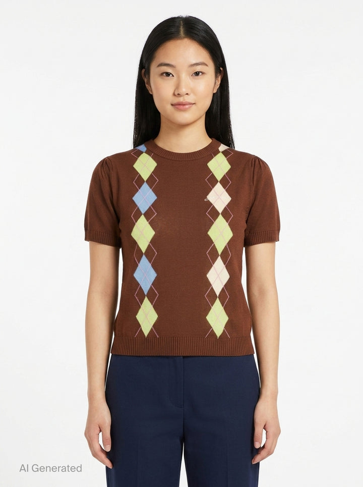 Argyle Knit Short Sleeve Tee | Ganni | Club21 - front