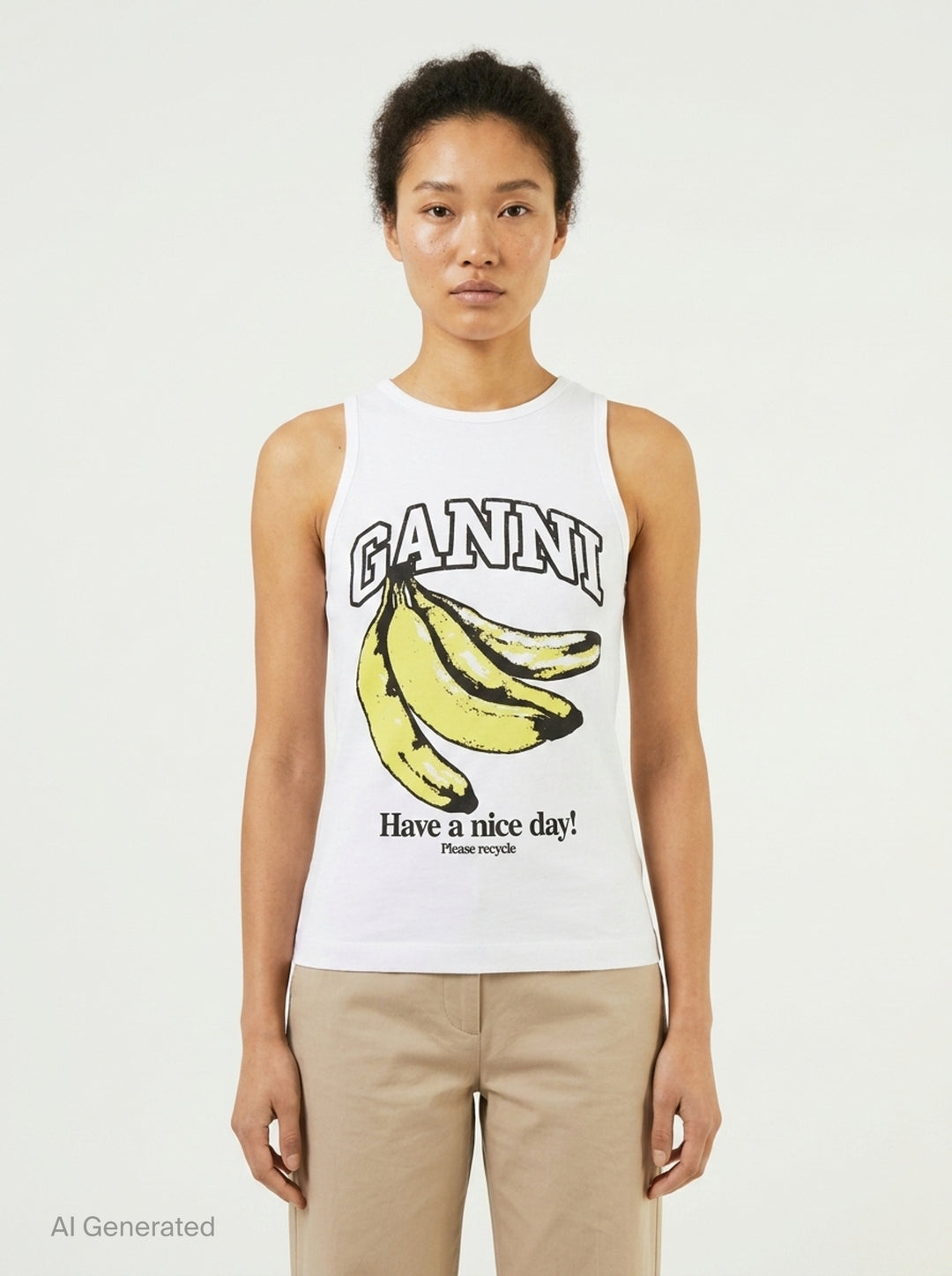 Banana Print Compact Rib Tank Top | Ganni | Club21 - front