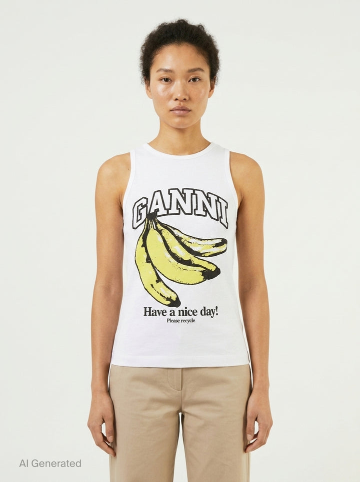 Banana Print Compact Rib Tank Top | Ganni | Club21 - front