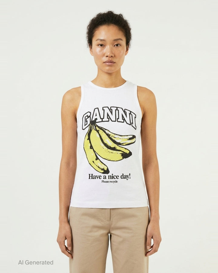 Banana Print Compact Rib Tank Top | Ganni | Club21 - front