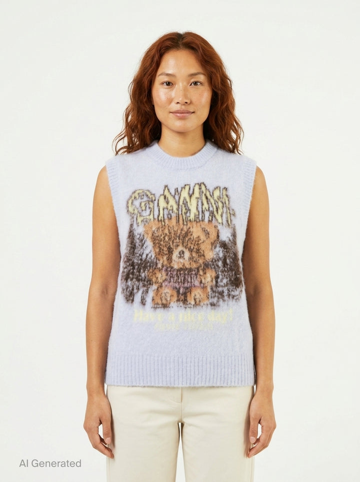 Ganni Brushed Alpaca Teddy Vest in pale lavender with intarsia teddy bear and rock-style logo graphic on the front - front