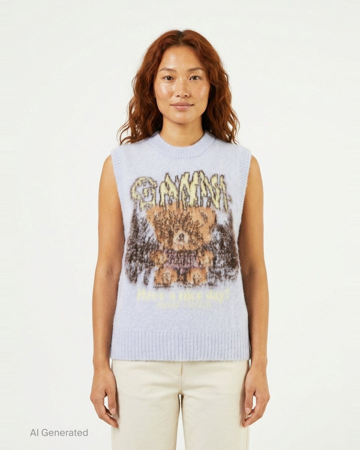 Ganni Brushed Alpaca Teddy Vest in pale lavender with intarsia teddy bear and rock-style logo graphic on the front - front