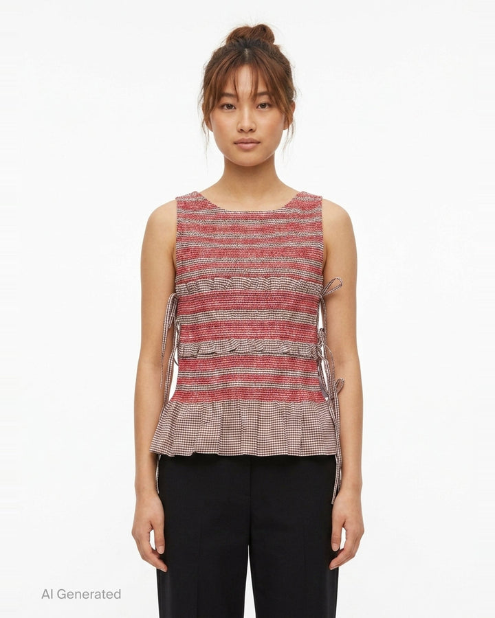 Check Cotton Smocked Tie Top | Ganni | Club21 - front