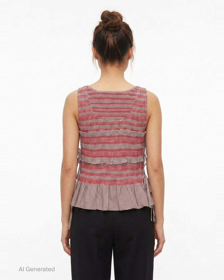 Check Cotton Smocked Tie Top | Ganni | Club21 - back
