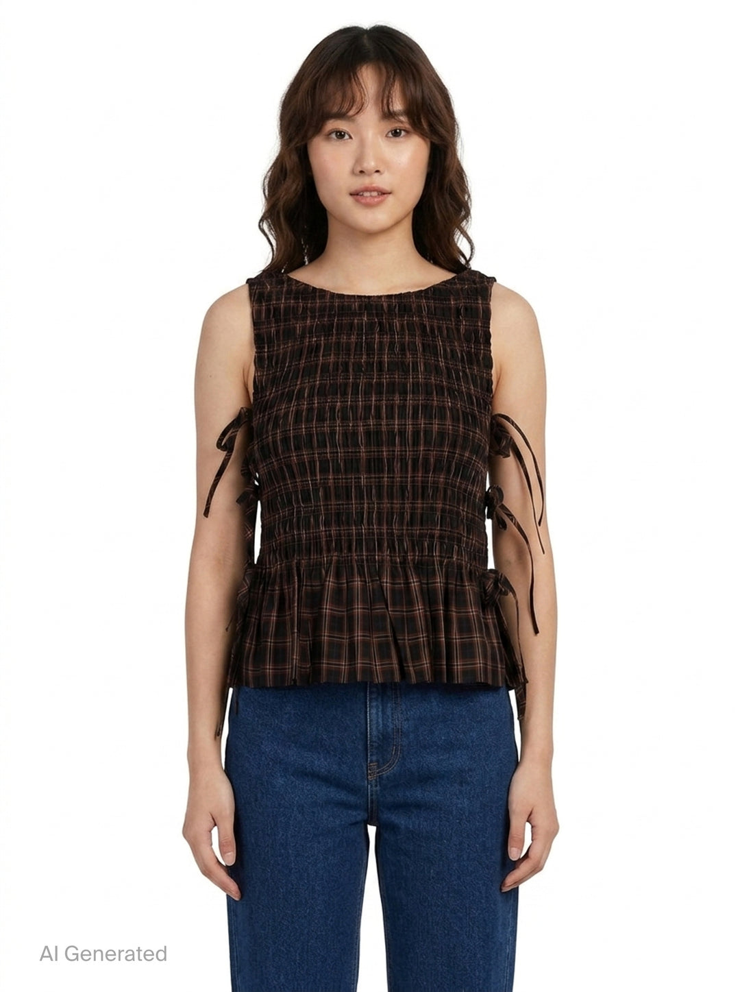 Check Smocked Tie Blouse | Ganni | Club21 - front