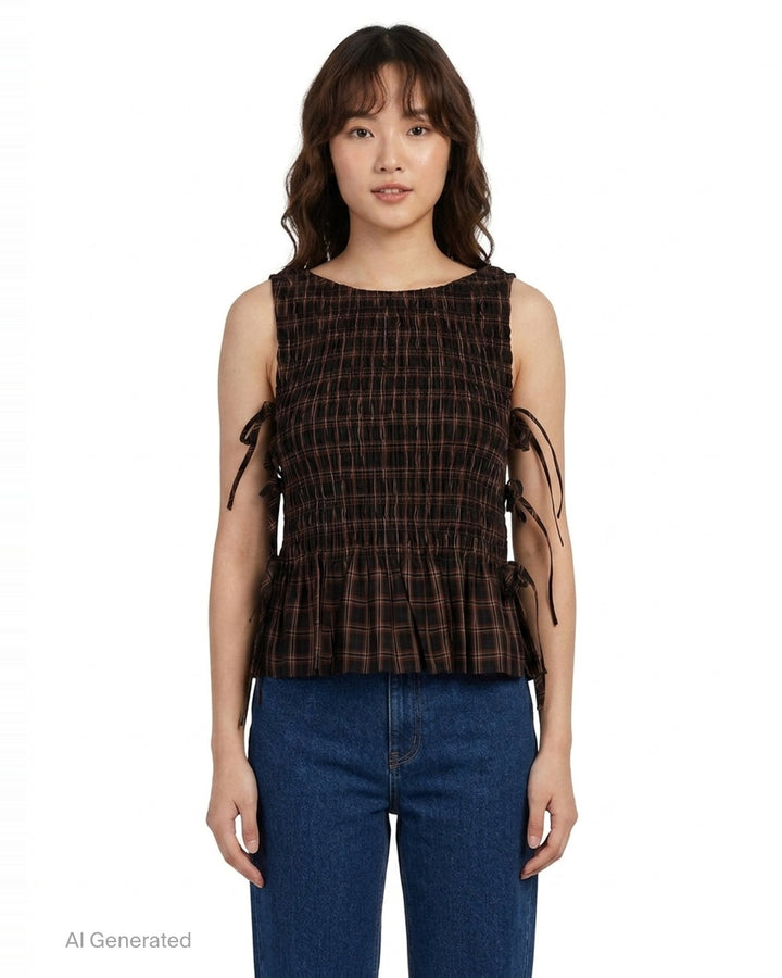 Check Smocked Tie Blouse | Ganni | Club21 - front