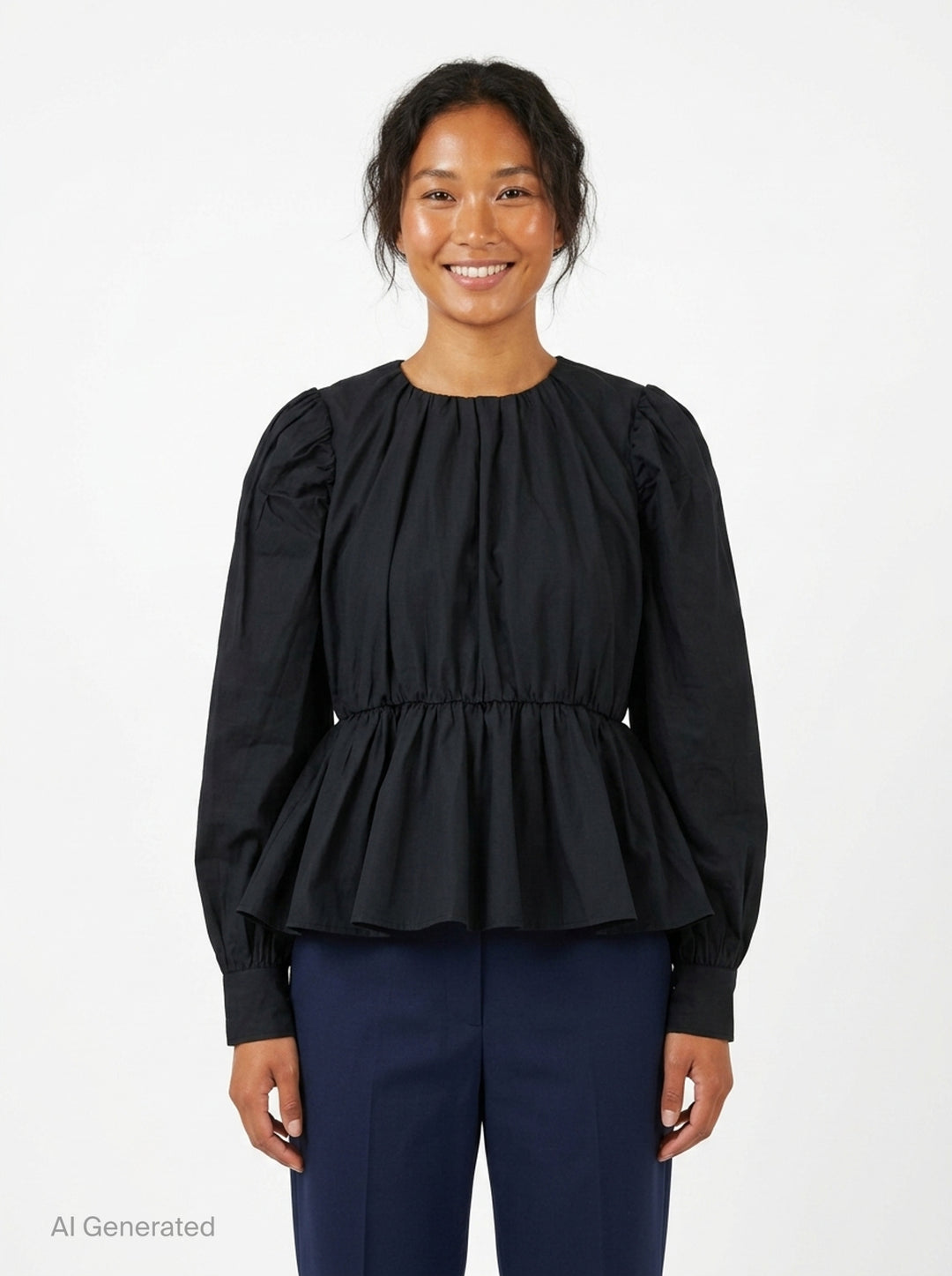 Ganni Compact Poplin Gathered Peplum Top in black, featuring a ruched neckline, voluminous long sleeves with elasticated cuffs, and a flared peplum hem with elasticated waistband - front
