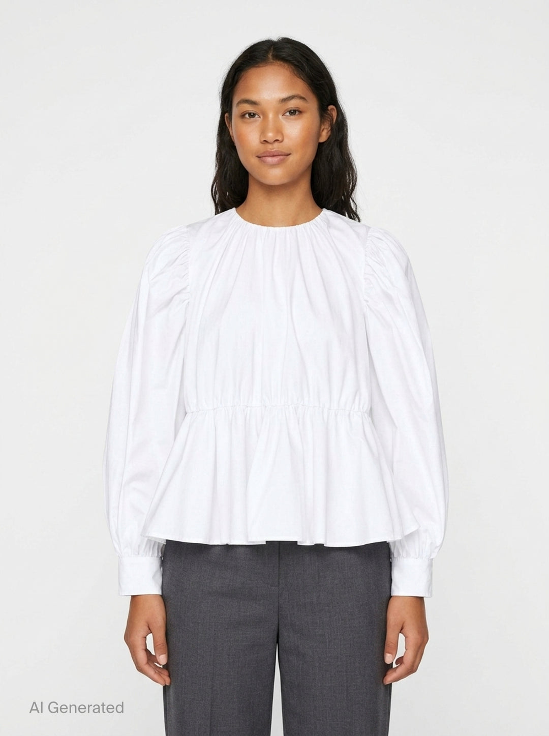 Ganni Compact Poplin Gathered Peplum Top in black, featuring a ruched neckline, voluminous long sleeves with elasticated cuffs, and a flared peplum hem with elasticated waistband - front